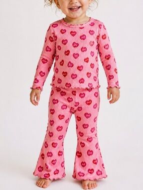 OLD NAVY NWT 2PC Heart Lounge Top Flare Pants Set Baby Coquette Outfit 18-24M